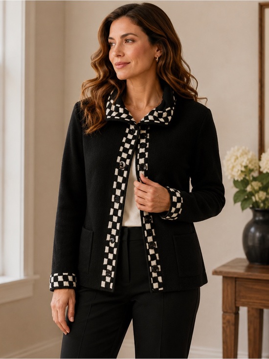 Talbots Sweaters - Talbots Petites 100% Wool Sweater Jacket Black White Check Trim Small EUC